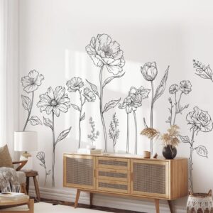 large black boho flower wall decals simple sketch floral wall stickers wildflower peel and stick wall art decor for girls bedroom living room office adult home decor