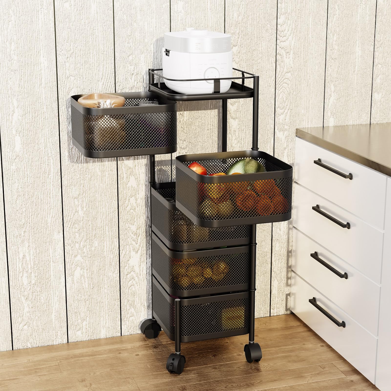 Rotating Storage Rack for Kitchen, 5-Tier Removable Basket Shelf Organizer on Rolling Wheels Rolling Shelf for Fruit Vegetable Grocery Corns Onion Potato, Black Black 5-Layers