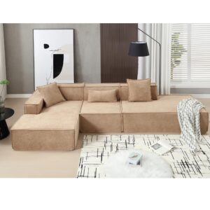 opulhaus modern minimalist upholstered couch，130" oversized modular floor l-shaped sofa set,modern upholstered combination facing sofa, 3 pc free combination (130" left-hand facing, light brown)