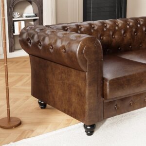 DOOSOODAA Chesterfield PU Leather Couch 3 Seater Sofa, 89" Modern Luxurious Large Button-Tufted Sofa Couch, Home Upholstered Sofa Deep Seat Couch for Living Room Furniture Brown