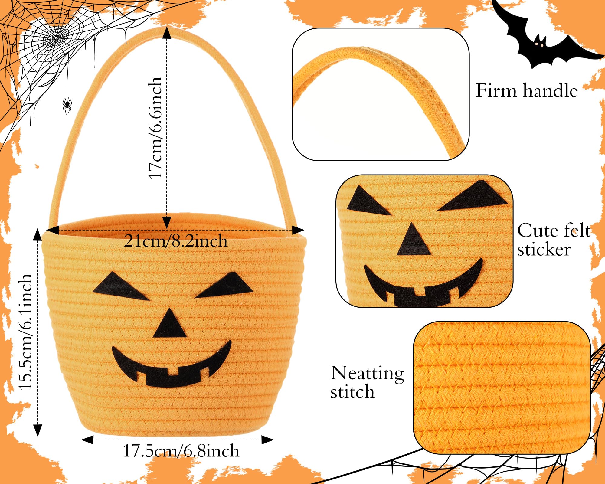 Teenyyou Halloween Trick or Treat Basket with Handle Cute Halloween Bucket Cotton Rope Woven Candy Bag Pumpkin Witch Cat Pig Storage Basket for Halloween Party Favor(3 Packs,Mixed Style)