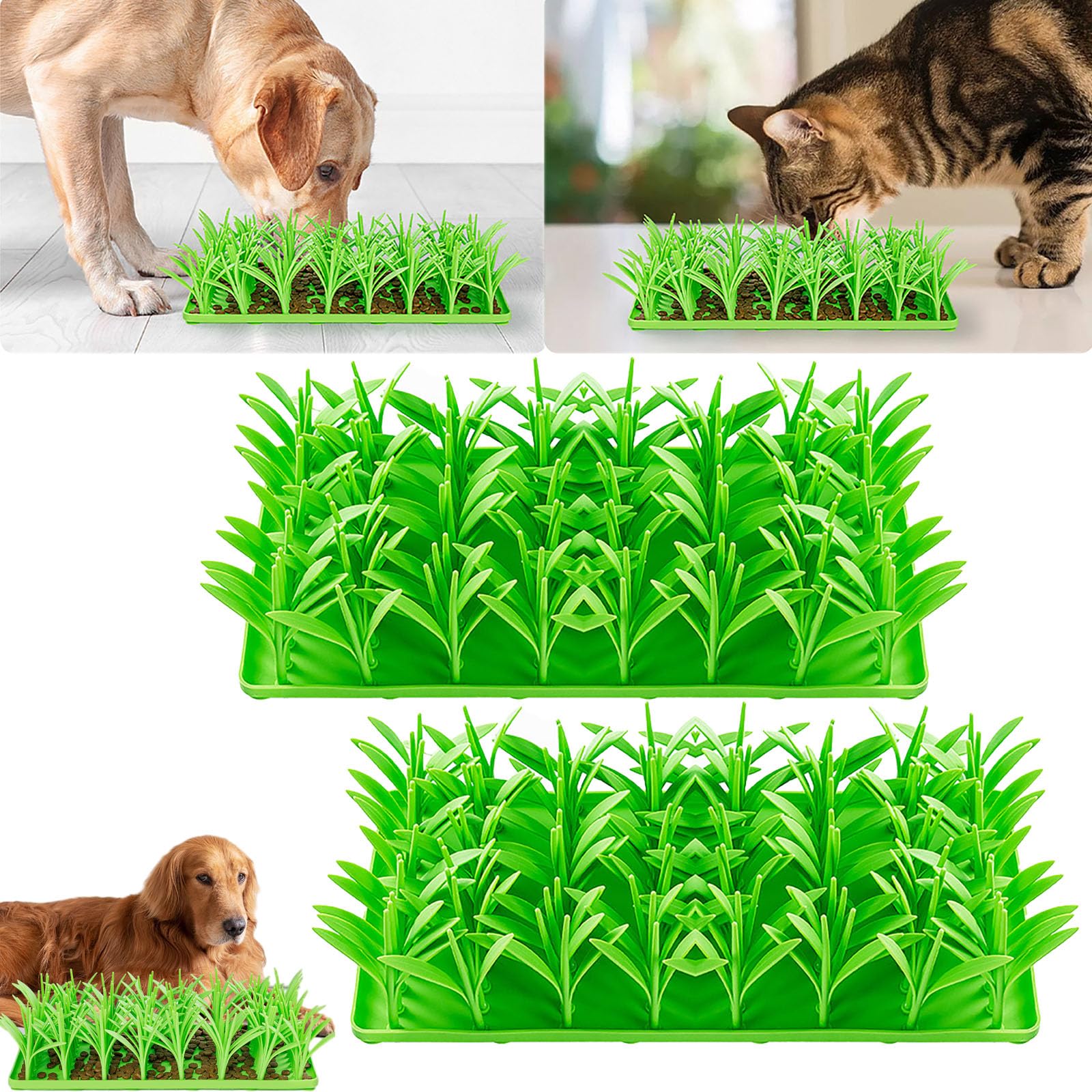 Silicone Grass Mat for Cats, Snuffle Mat for Dogs Cats, Interactive Feed Game, Snuffle Bowl Mat Nosework Training Foraging Pad, for Large Medium Small Pet, Easy to Fill Machine Washable (2PCS)