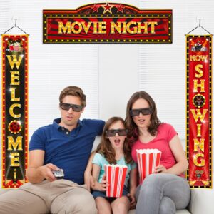 Funnymoom 3 Pcs Movie Night Porch Banner Decorations Movie Theme Party Hanging Banner Welcome Now Showing Sign Door Banner for Movie Theater Photography Background Party Supplies