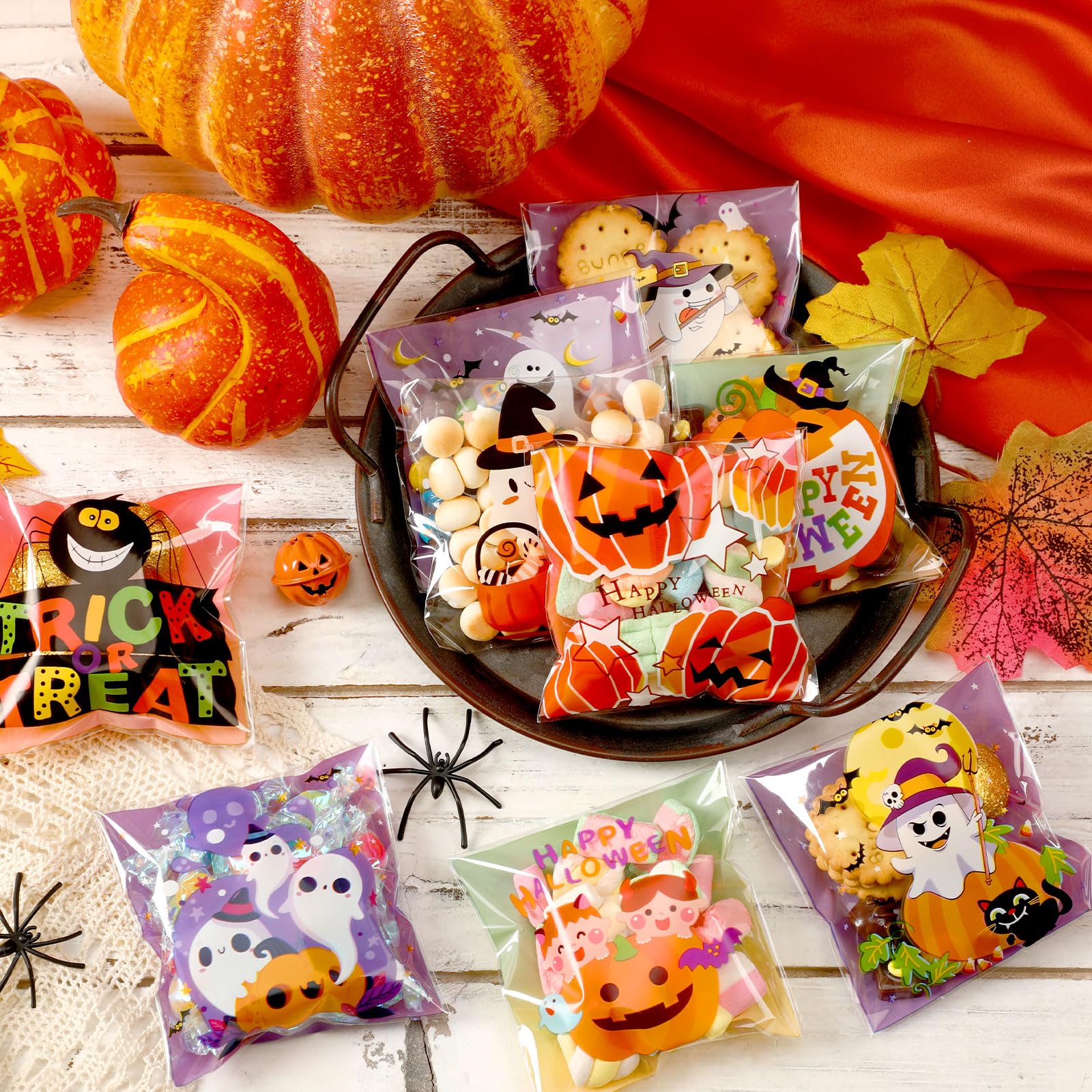 FEBSNOW 450pcs Halloween Candy Bags, 9 Styles Self Adhesive Trick Candy Bag Cellophane Cookie Bags for Halloween Trick or Treat Goodie Ziplock Bags Party Favor