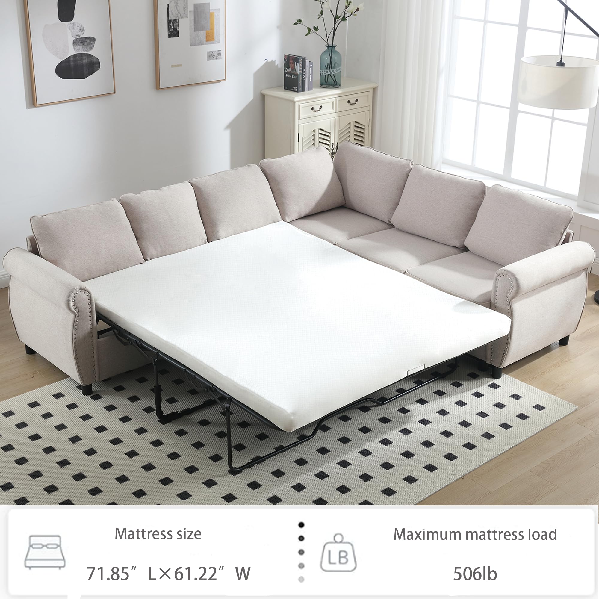 104'' Sleeper Sofa Bed Queen, L Shaped Sectional Sofa with Pull Out Couch Bed, Queen Size 6 Seater Sofa Bed with Memory Foam Mattress, Sectional Couches for Living Room Furniture Set, Beige