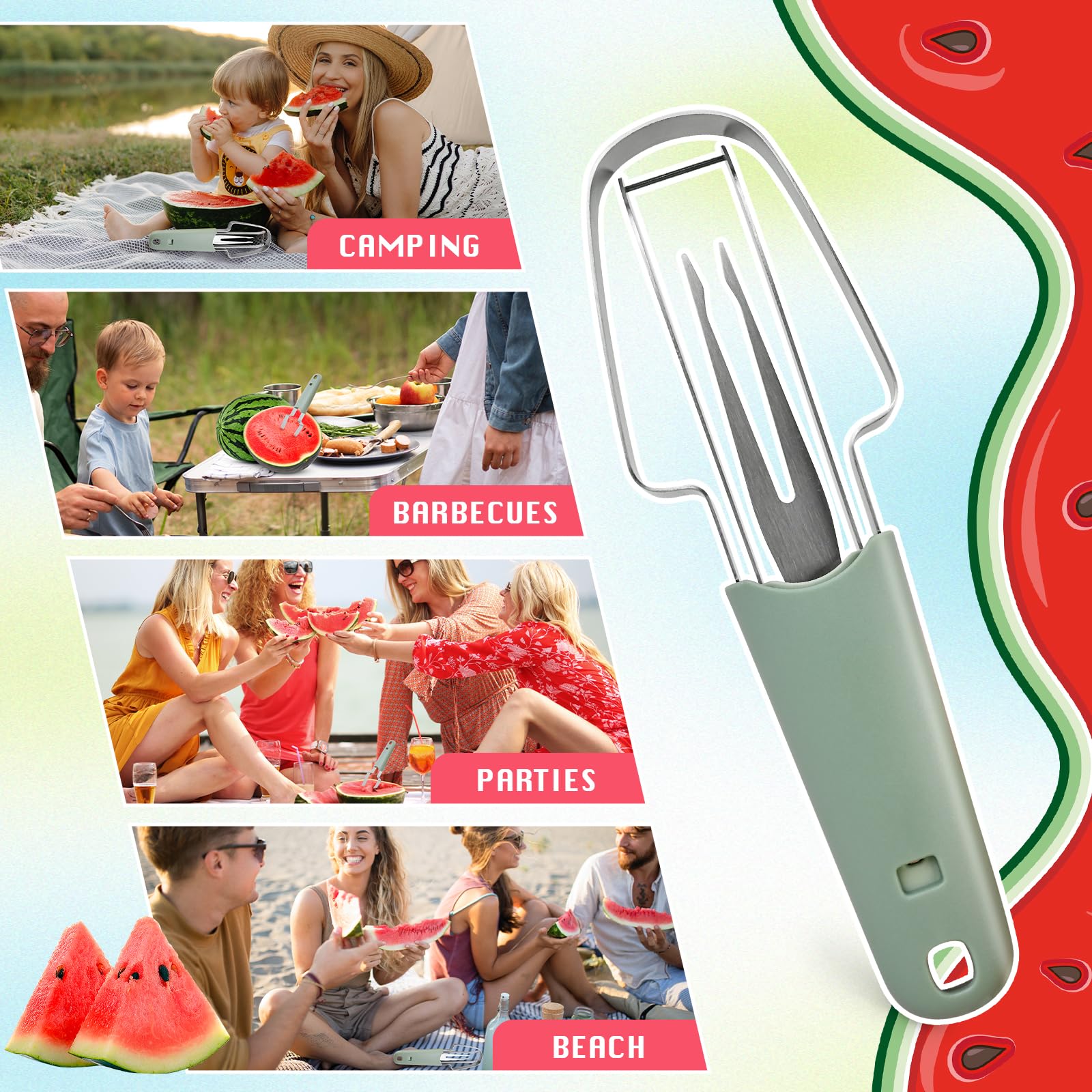 Watermelon Fork Slicer Cutter,3-in-1 Watermelon Cutter Slicer Tool, Stainless Steel Watermelon Popsicle Cutter Tool,Melon Cutter Knife Portability Fruit Fork for Camping Kitchen Gadgets