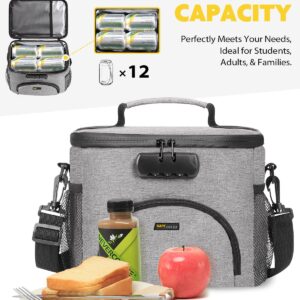 SafeDelux Insulated Lunch Bag with Combination Lock, Durable Lunch Bag Leakproof Cooler Bags Large Insulated Lockable Lunch Bag with Adjustable Shoulder Strap for Men Women (Grey)