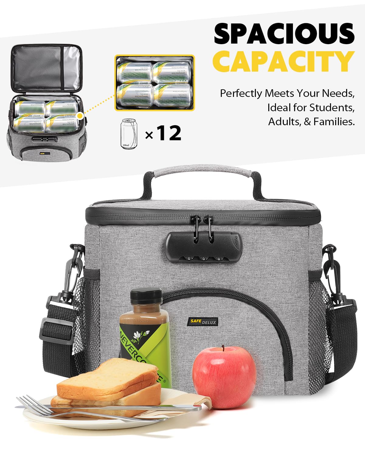 SafeDelux Insulated Lunch Bag with Combination Lock, Durable Lunch Bag Leakproof Cooler Bags Large Insulated Lockable Lunch Bag with Adjustable Shoulder Strap for Men Women (Grey)