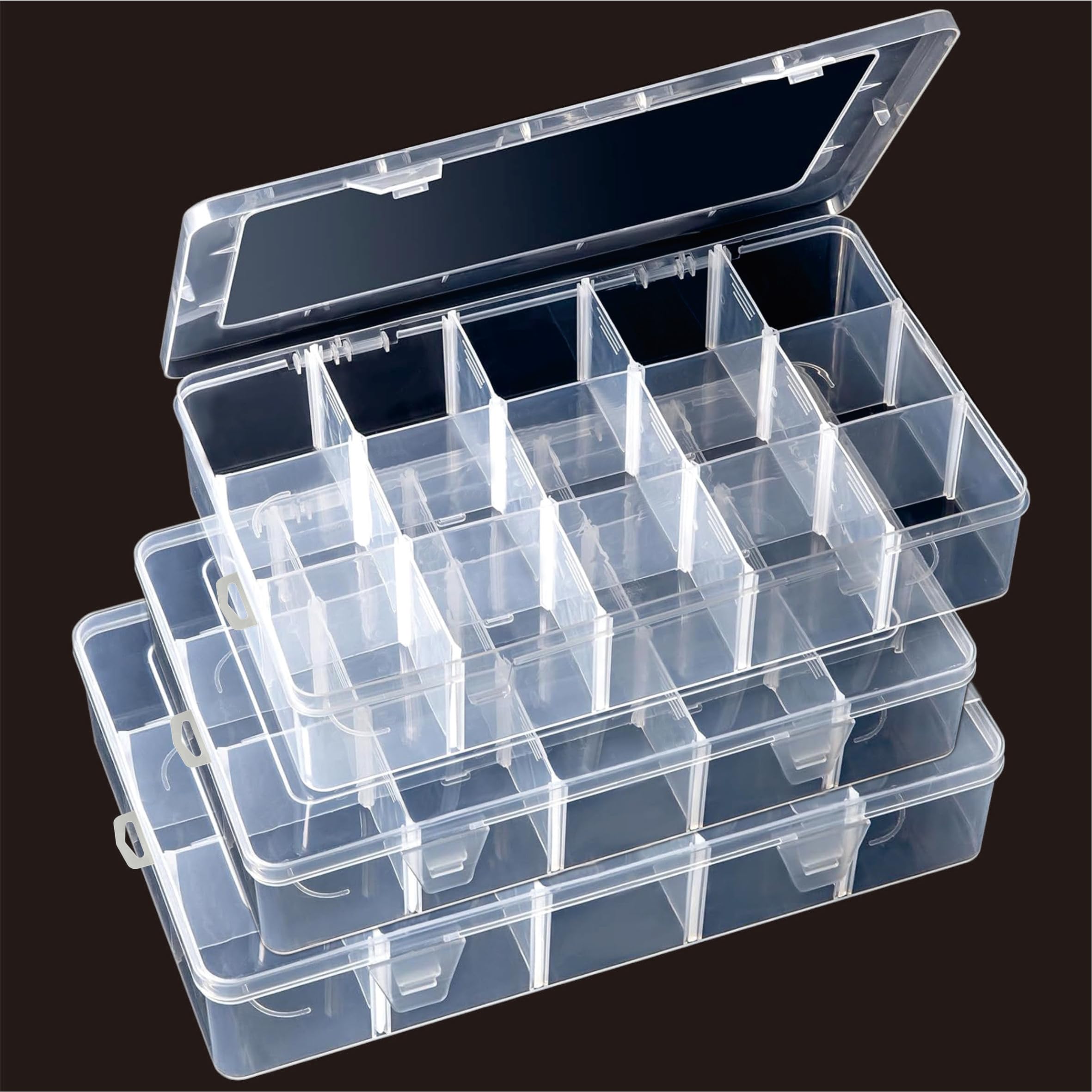 LZLMQSSA Large 15 Grids Transparent Plastic Organizer Box With Dividers, Adjustable Compartment Plastic Craft Storage Container, Small Parts Storage Box, Small Tool Organizer Storage Box（3 Pack）