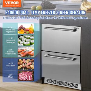 VEVOR Undercounter Refrigerator & Freezer, 24-inch Outdoor Drawer Fridge for Patio, IPX4 Waterproof SUS Beverage Refrigerators, Built-in Fridge for Home and Commercial Use, Low Noise, Rapid Cool