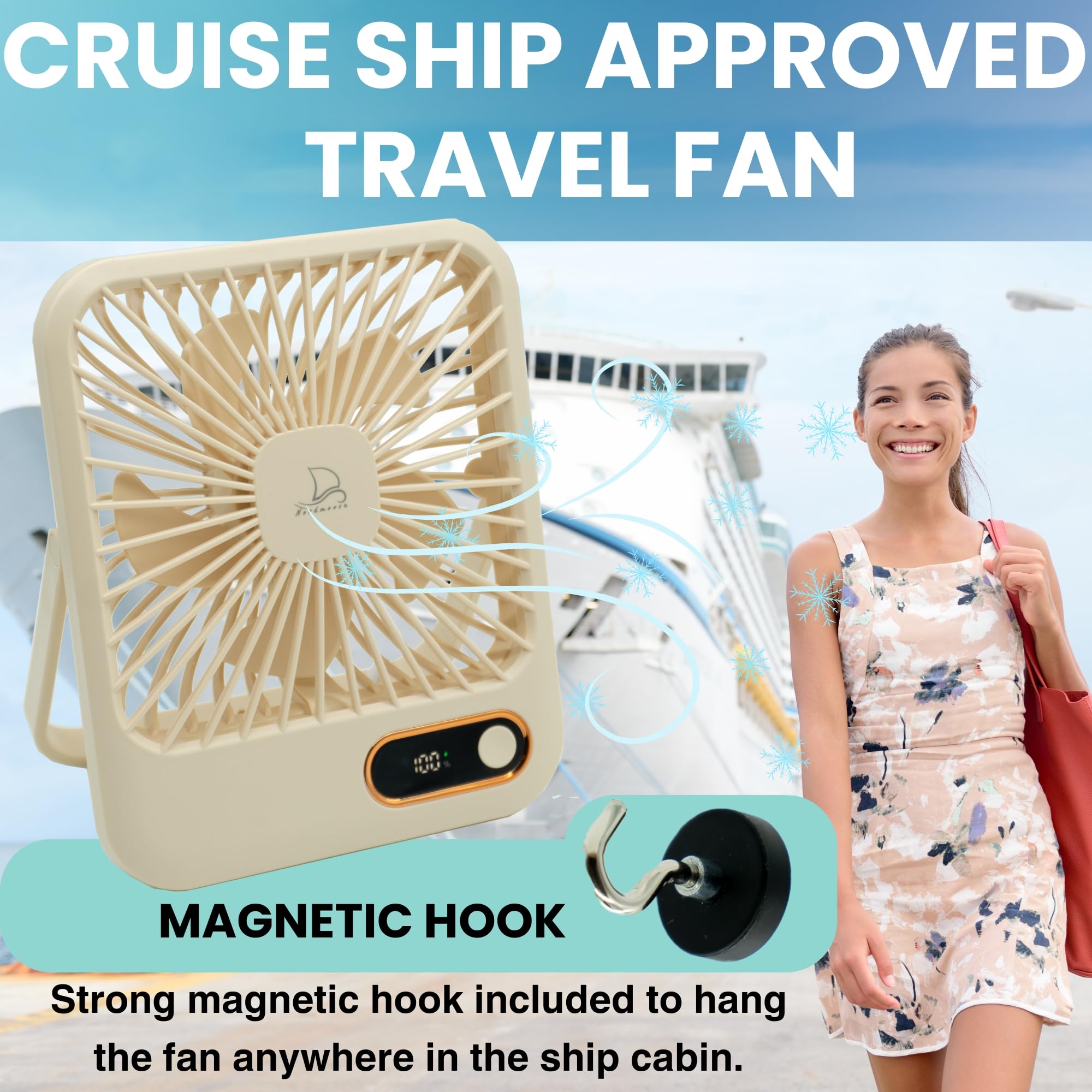 Cruise Ship Approved Fan - 4000mAh Long Lasting Battery - Magnetic Fan Hook to Hang, Rechargeable Travel Fan for Cruise Ship Cabin Approved - Portable Wireless Fan for Cruise Ship Cabin