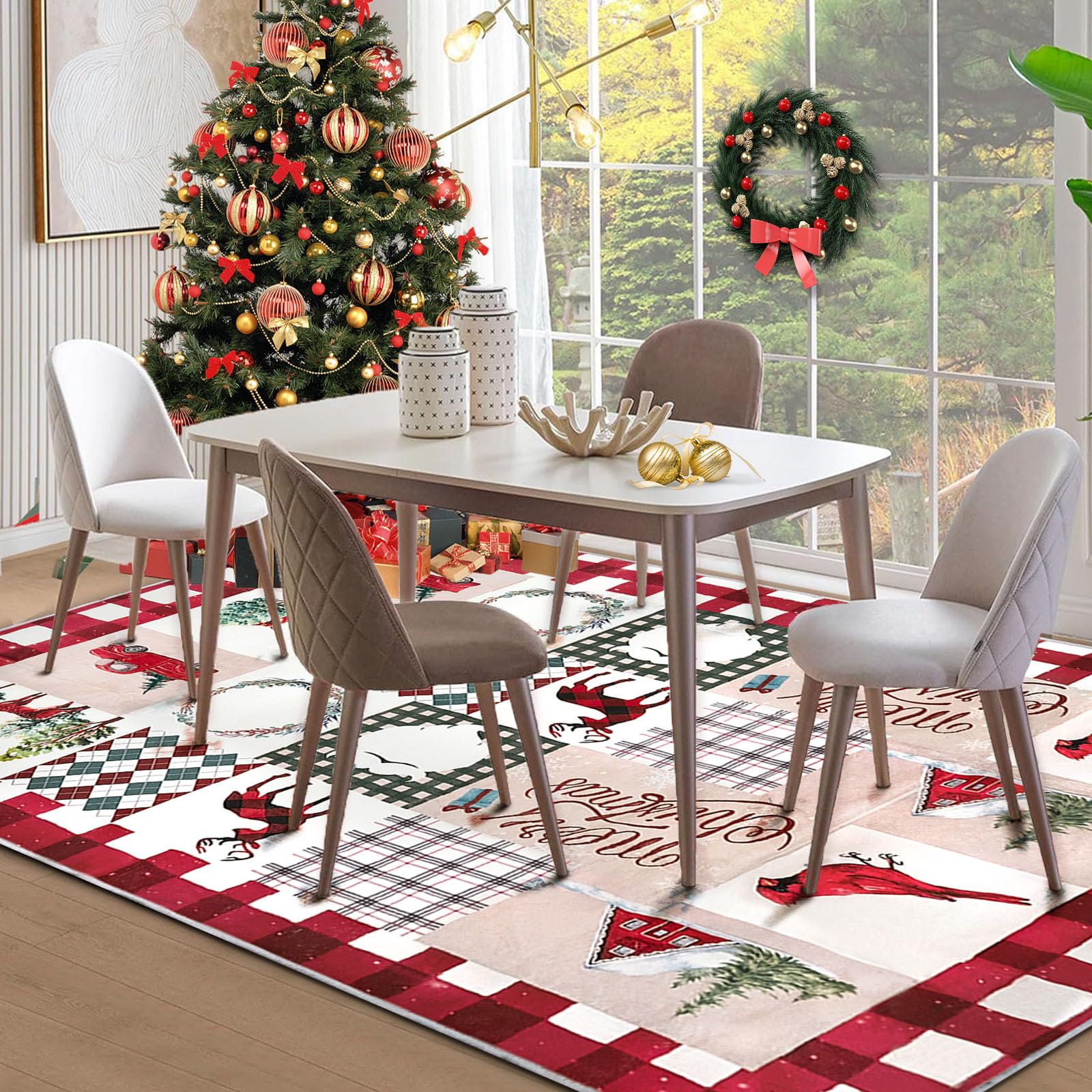 WONGS BEDDING Area Rug 5' x 7' Christmas Cardinal Washable Bedroom Rug Holiday Entryway Indoor Non-Slip Mat Small Throw Rugs for Kitchen Living Room Low-Pile Outdoor Floor Decoration Carpet