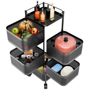 Rotating Storage Rack for Kitchen, 5-Tier Removable Basket Shelf Organizer on Rolling Wheels Rolling Shelf for Fruit Vegetable Grocery Corns Onion Potato, Black Black 5-Layers