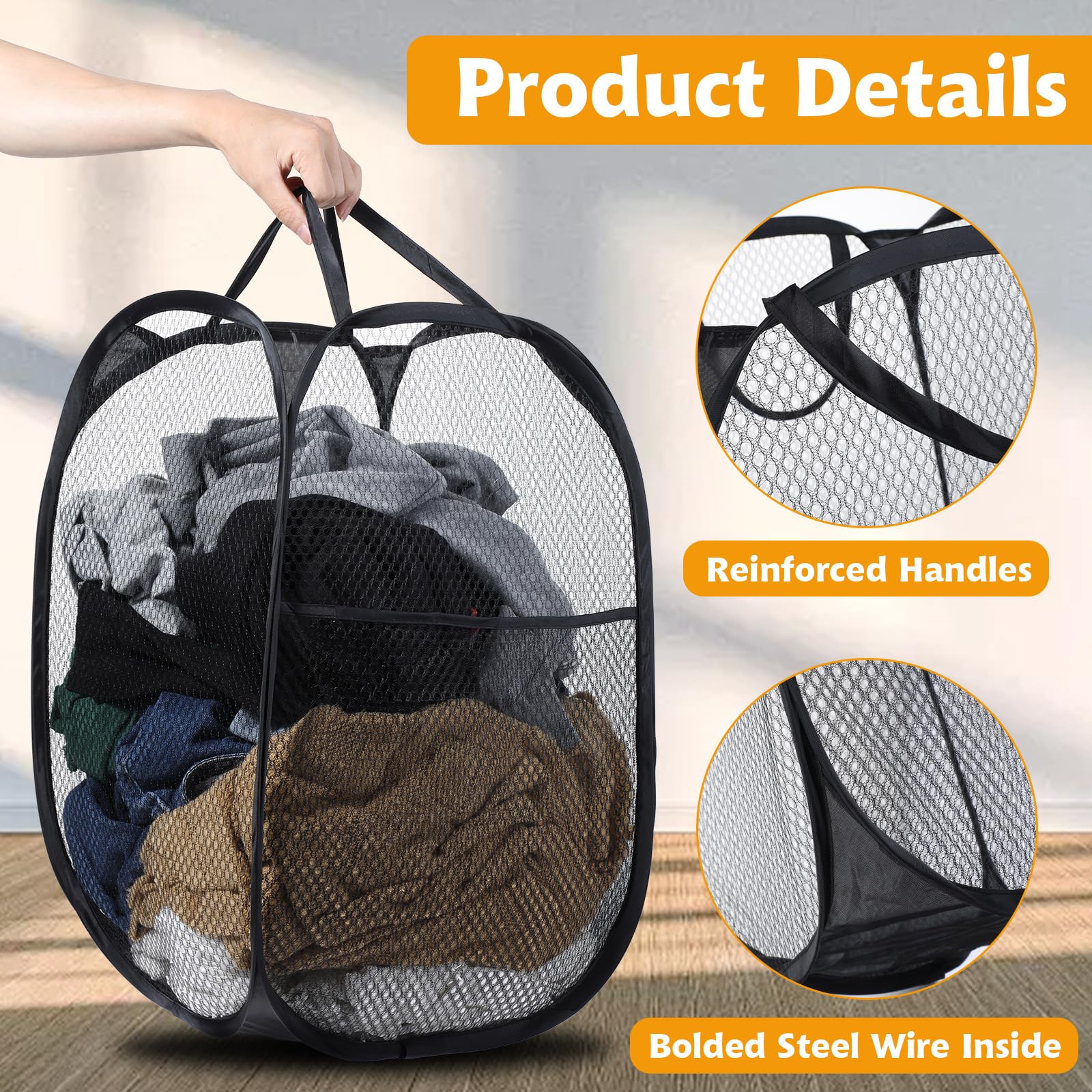 Sibba Pop Up Hamper Mesh Laundry Bag Foldable Basket Travel Black Hamper Pocket Cloths Storage with Handles Large Pop Up Hamper Portable Laundry Organization for Laundry Room Bathroom Dorm