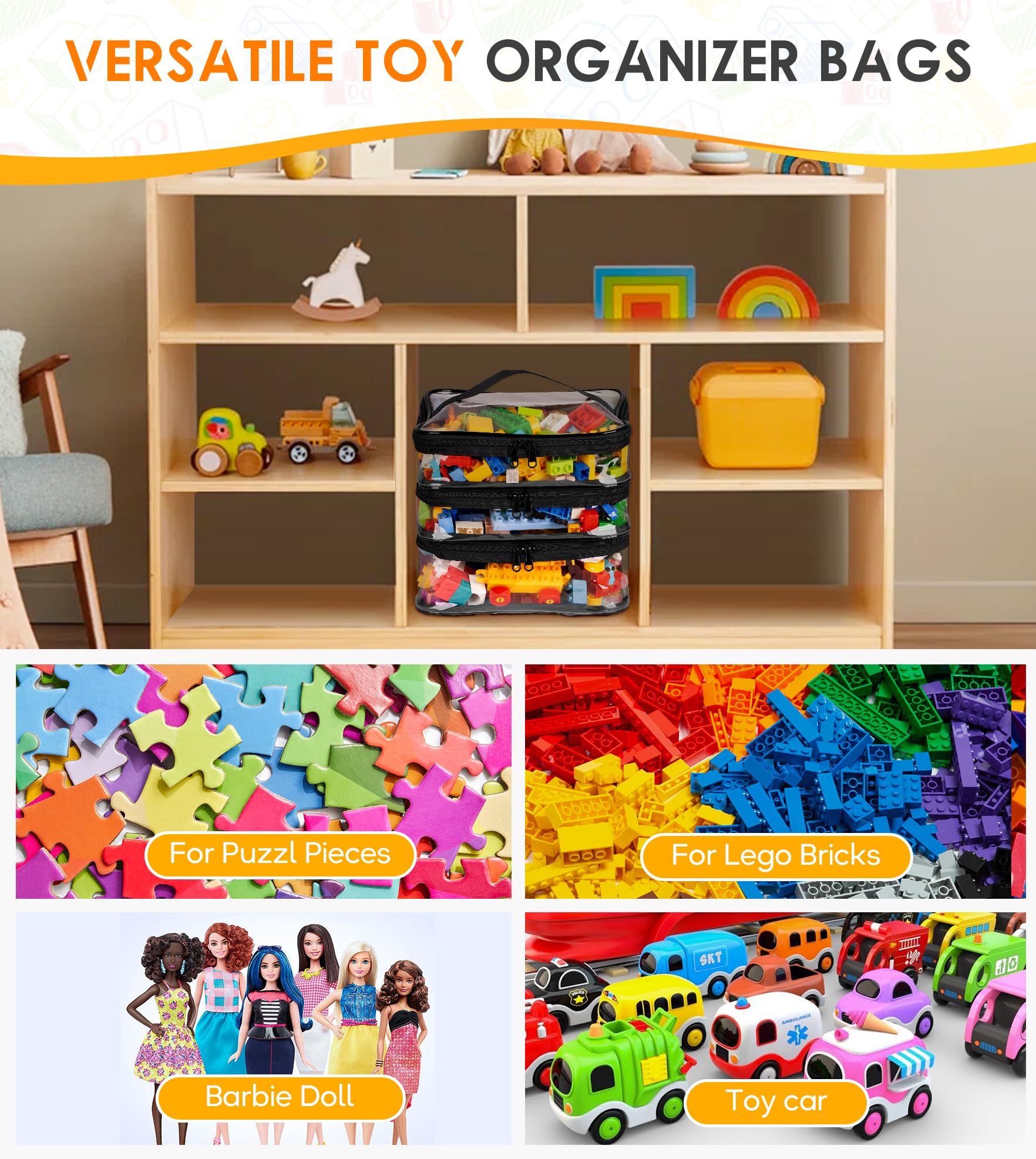 MISSLO 3-Layer Storage Organizer with 3 Manual Pockets Clear Storage Bag for Puzzles, Bricks, Building Blocks, Crafts (Black)