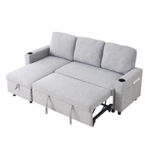 LUMISOL 78" Convertible Sleeper Sofa Pull Out Bed, L Shaped Sectional Sofa Bed with Cup Holders & Storage Pockets, Linen Sofa Couch Bed with Storage Chaise for Living Room, Grey