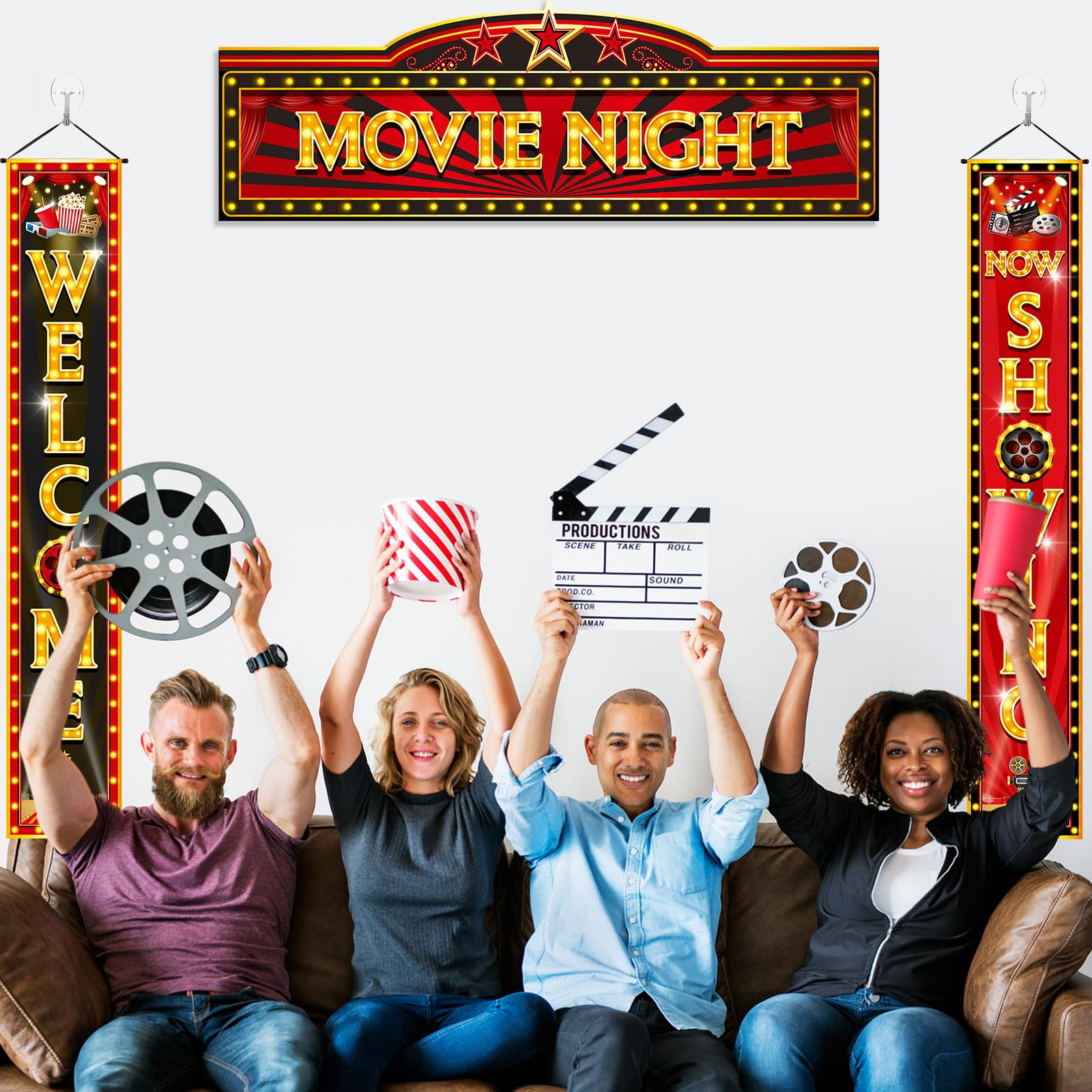 Funnymoom 3 Pcs Movie Night Porch Banner Decorations Movie Theme Party Hanging Banner Welcome Now Showing Sign Door Banner for Movie Theater Photography Background Party Supplies