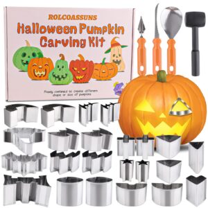 rolcoassuns 27pcs halloween pumpkin carving kits,pumpkin carving tools set with 23pcs stainless pumpkin carving stencils,3 carving tools&1 mallet for adults kids easy safe fun diy halloween decoration