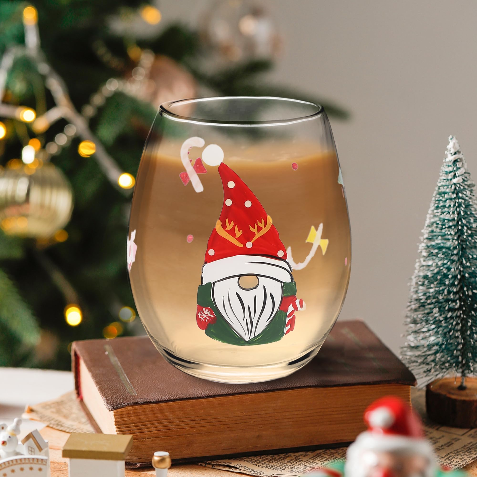 DR.DUDU Christmas Wine Glasses Cups Set of 4, Stemless Drinking Glass with Cute Christmas Gnome Designs, Clear Wine Milk Drinkware Party Gifts for Women, Men, Friends, Holiday Xmas Decorations (18oz)