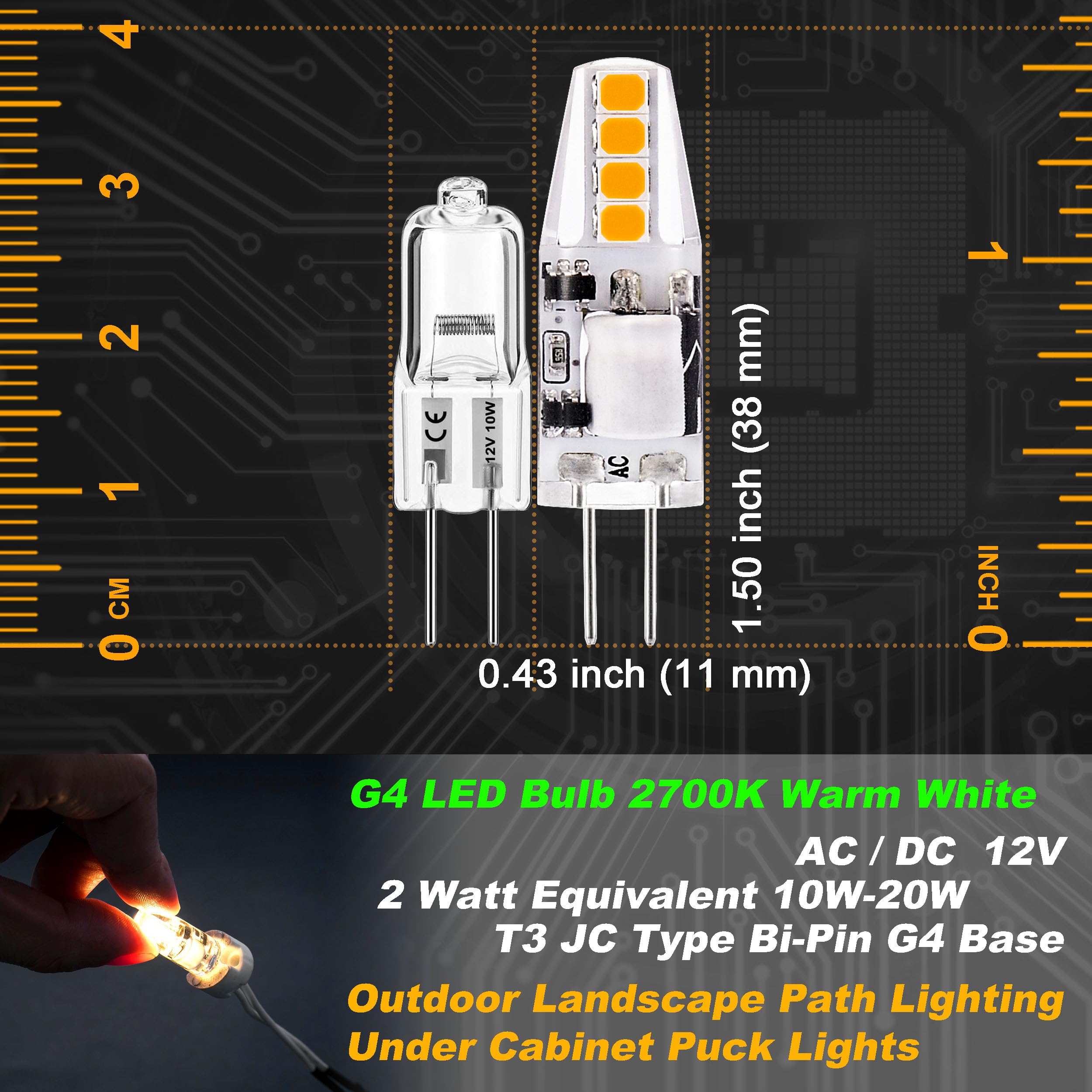 G4 LED Bulb 2W 2700K Warm White AC/DC 12V 10W-20W T3 JC Type Bi-Pin G4 Base Halogen Bulb for Outdoor Landscape Path Lighting Under Cabinet Puck Lights Chandelier RV Camper Boats,No-Flicker,10 Pack