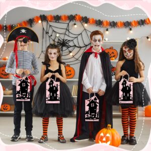 Frienda 16 Pcs Pink and Black Halloween Party Favor Bags with Handle Pink Halloween Treat Bags Paper Gift Goodie Bags for Kids Birthday Baby Shower Party Supplies (Spooky House)