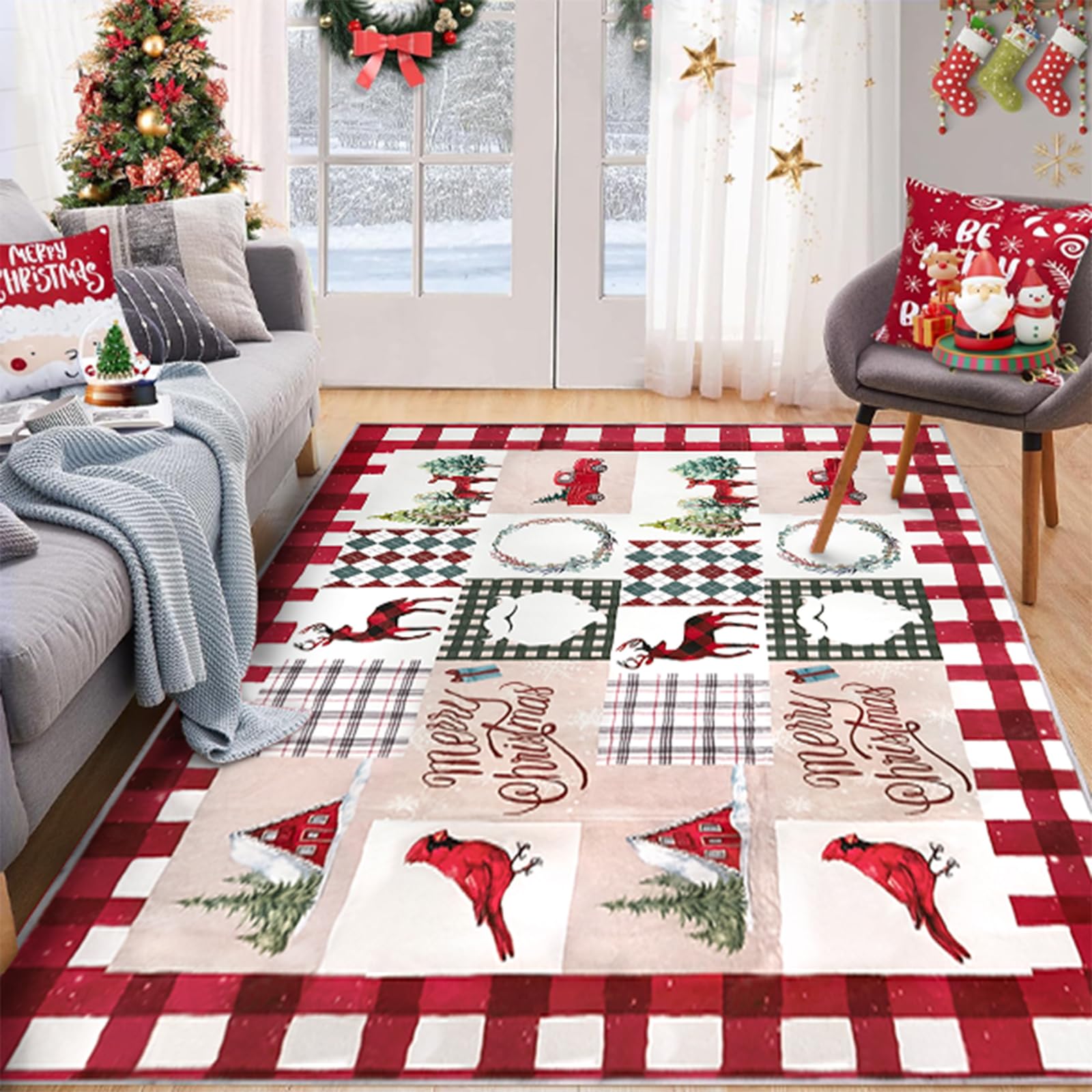 WONGS BEDDING Area Rug 5' x 7' Christmas Cardinal Washable Bedroom Rug Holiday Entryway Indoor Non-Slip Mat Small Throw Rugs for Kitchen Living Room Low-Pile Outdoor Floor Decoration Carpet