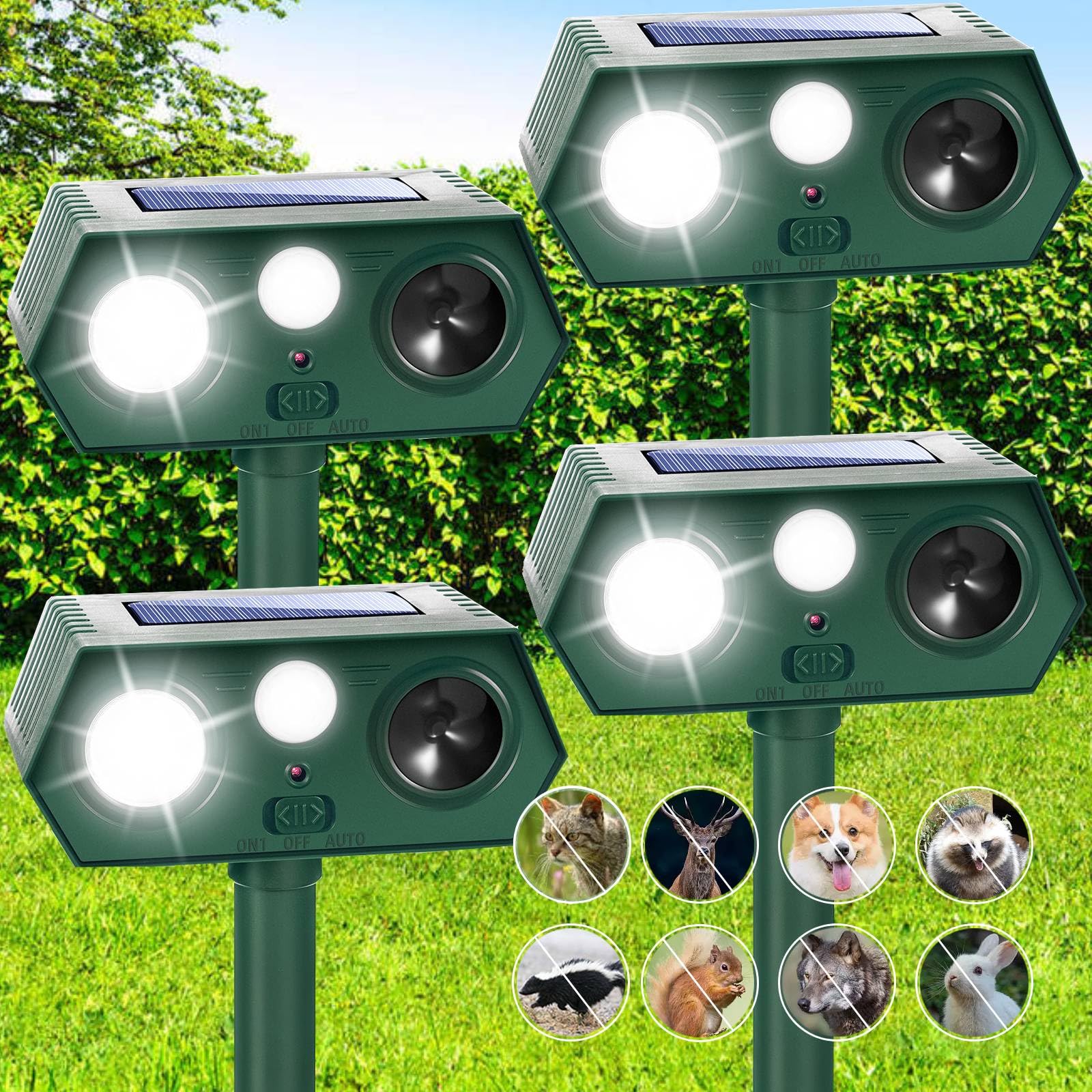 2024 Solar Ultrasonic Animal Repellent Outdoor Cat Deterrent with Motion Sensor for Deer Squirrel Cat Dog Skunk Rabbit Raccoon, Deer Repellent Devices Skunk Repellent for Yard Garden, 4 Pack