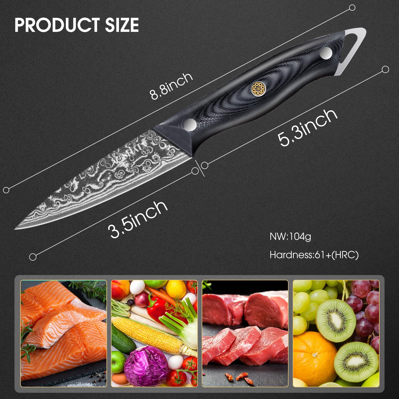 MOSFiATA Damascus Paring Knife 3.5 inch Fruit Knife with Gift BoX