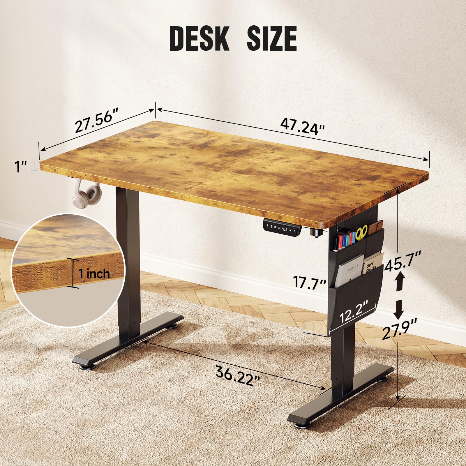 Veken Wider 47.2x27.6 Inch Whole Piece 1-Inch Thick Standing Desk with Side Storage Pocket, Electric Adjustable Height Rising Table, Ergonomic Office Computer Desks for Workstation,Study,Gaming,Brown