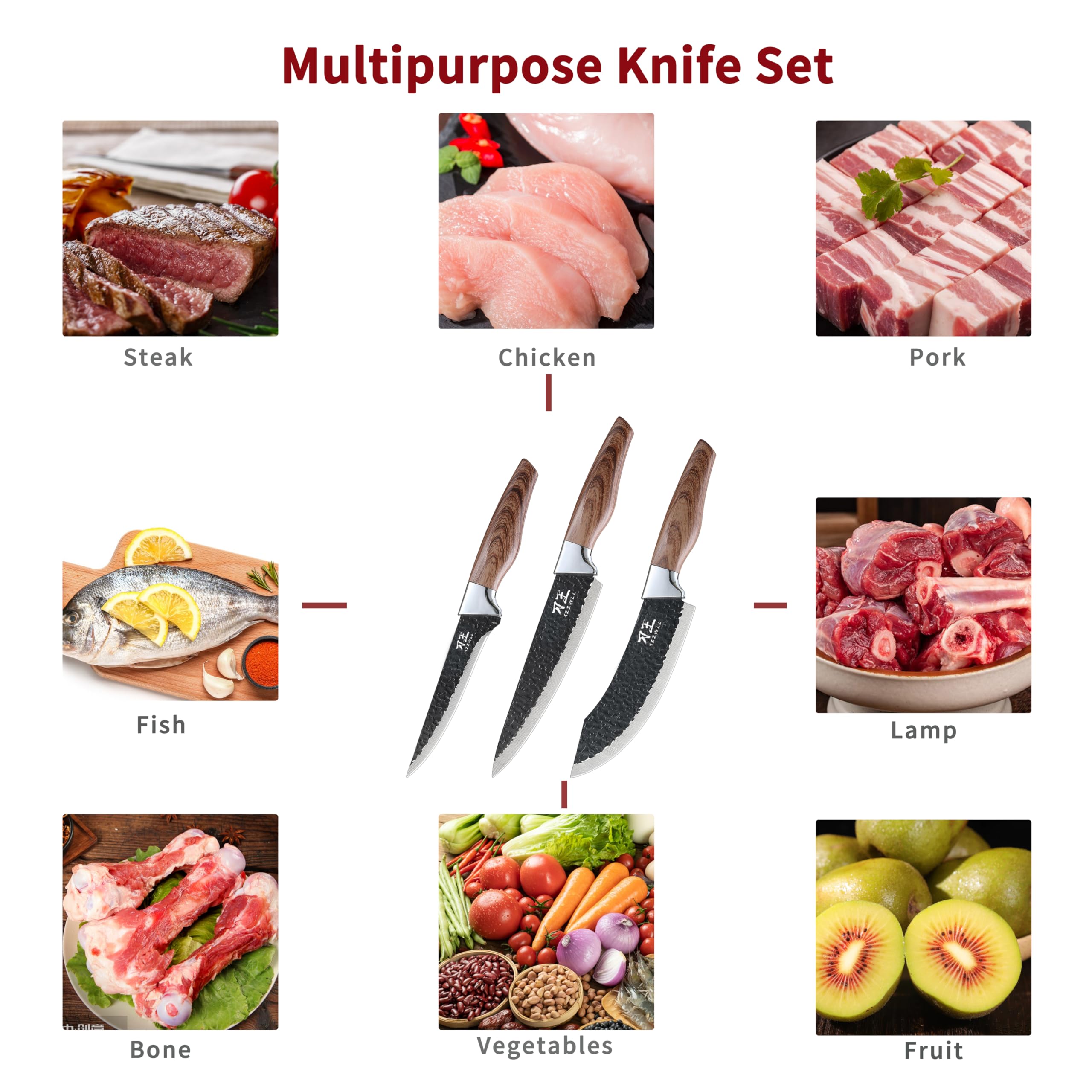 XZZWLL Chef Knife Set, 3 Pieces Kitchen Knives with Sheath, 7” Chef knife 6” Cleaver knife and 5.5” Boning Knife - Ergonomic Handle with Anti-Corrosion Blade