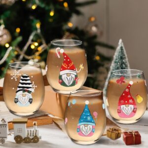 DR.DUDU Christmas Wine Glasses Cups Set of 4, Stemless Drinking Glass with Cute Christmas Gnome Designs, Clear Wine Milk Drinkware Party Gifts for Women, Men, Friends, Holiday Xmas Decorations (18oz)