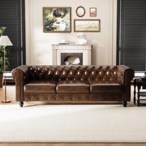 doosoodaa chesterfield pu leather couch 3 seater sofa, 89" modern luxurious large button-tufted sofa couch, home upholstered sofa deep seat couch for living room furniture brown