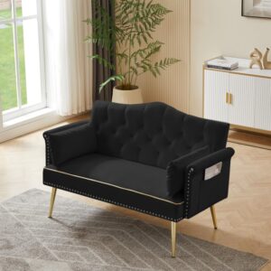 Small Velvet Loveseat Sofa with Gold Metal Legs,55-inch Modern Sofa Couch with 2 Side Pockets,Couch with Tufted Backrest for Living Room Bedroom Office (Black)