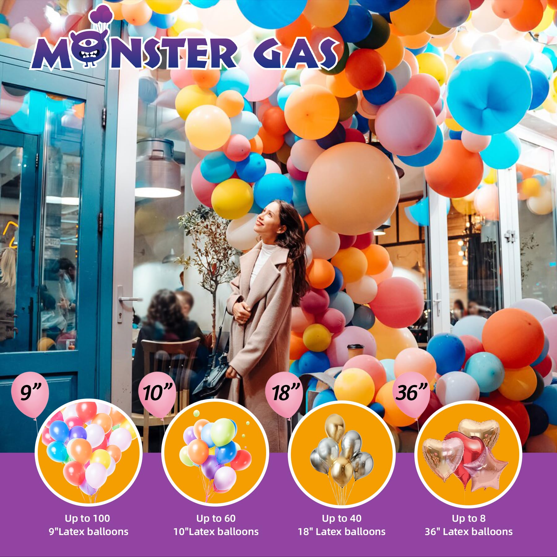 Monster Gas 22L Helium Tank For Balloons At Home, Balloon Helium Tank Up To 100 Latex Balloons, Small Helium Tanks, Attachment: 50 9" Latex Balloons+3 White Ribbon