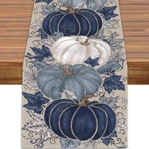 heirloom haven fall thanksgiving table runner, blue vintage pumpkin maple leaf decorative autumn harvest seasonal table runner for farmhouse kitchen dining indoor home party decorations 13x72 inches