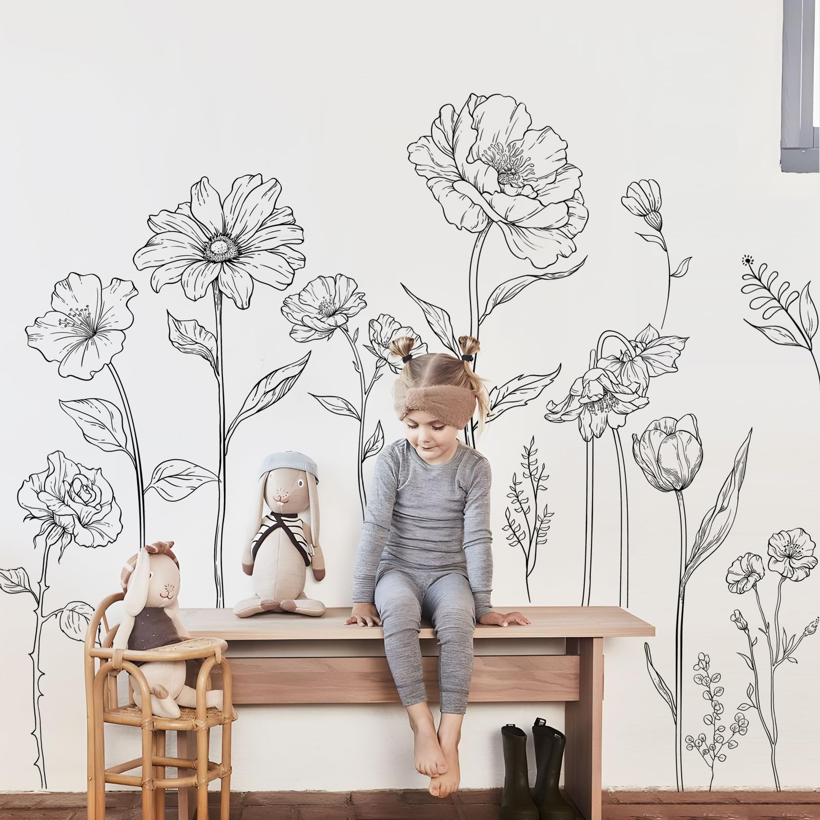 Large Black Boho Flower Wall Decals Simple Sketch Floral Wall Stickers Wildflower Peel and Stick Wall Art Decor for Girls Bedroom Living Room Office Adult Home Decor