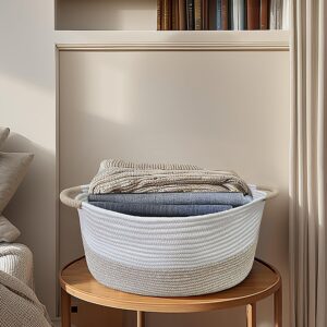 HIFEASTS Cotton Rope Storage Basket with Handles, 17 "L x 12.5" W x 8.5 "H, Home Decor Basket, Towel Basket, Cute Storage Basket for Books and Magazines (White & Light Khaki, 1 PCS)