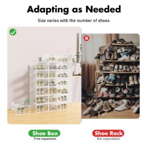 Foluck Shoe Storage Box, 12 Pack Clear Plastic Stackable Shoe Organizer for Closet, Interlocking Design Shoe Container Bins for Sneakers, Foldable Shoe Rack with Lids, White