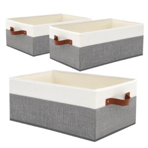 3 pack large capacity storage bins closet organizer for shelves, fabric closet storage baskets boxes with leather handles for organizing clothes, sheets, jeans, toys, books (grey)