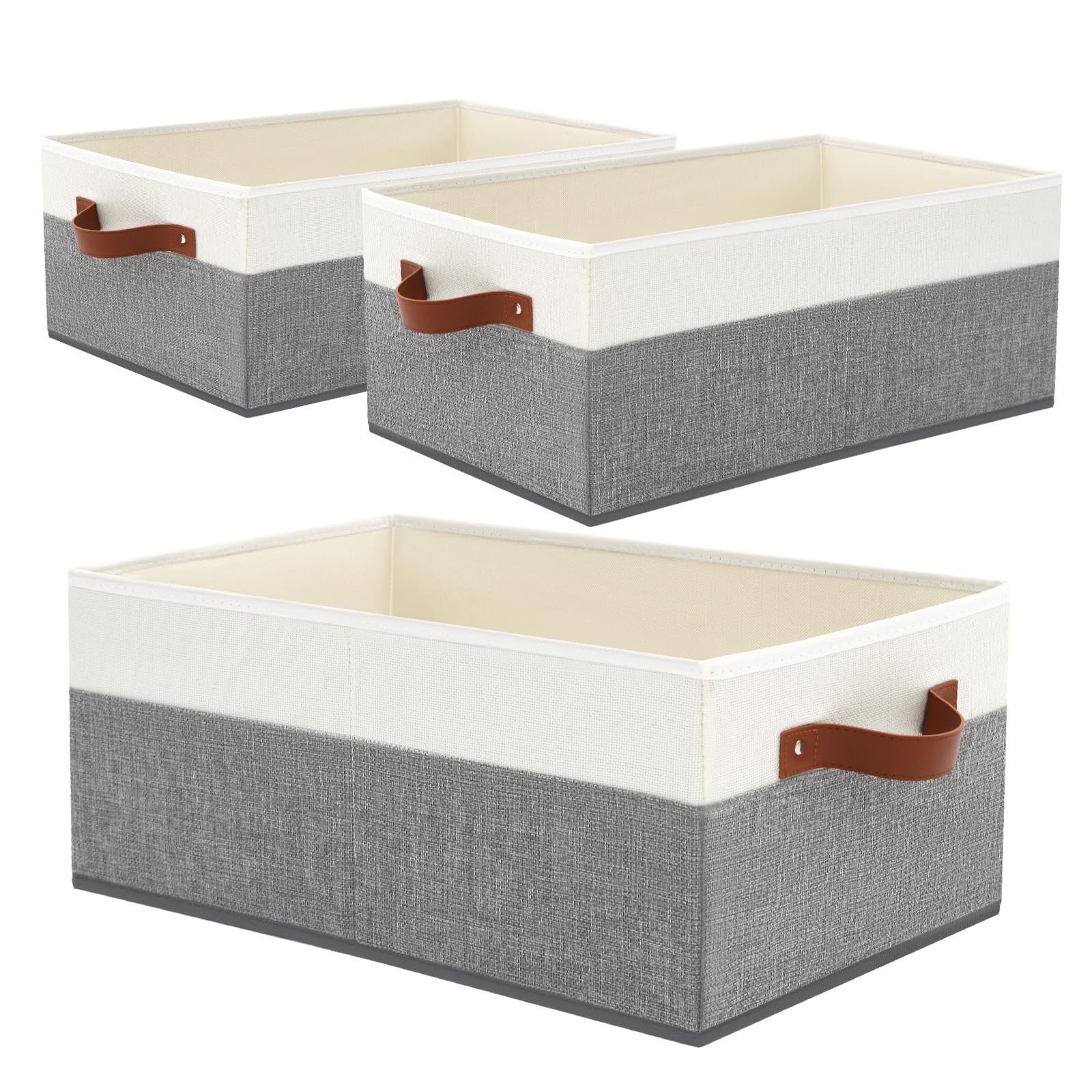 3 Pack Large Capacity Storage Bins Closet Organizer for Shelves, Fabric Closet Storage Baskets Boxes with Leather Handles for Organizing Clothes, Sheets, Jeans, Toys, Books (Grey)