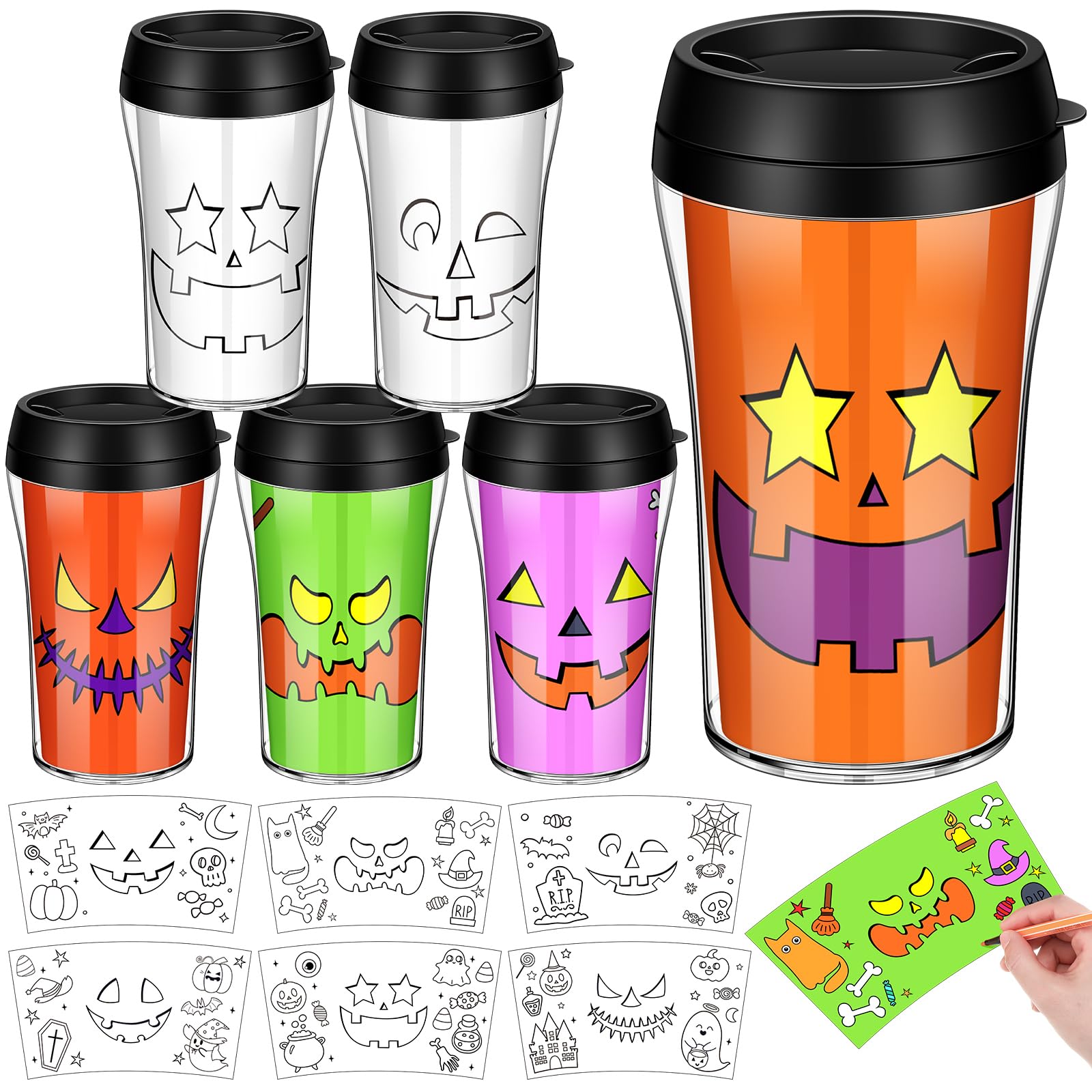 Yiyiring 12 Set Halloween Color Your Own Cups 10 oz Jack O Lantern Panting Cups Craft Halloween DIY Plastic Mug Crafts Halloween Party Gifts Supplies Home Project Activities