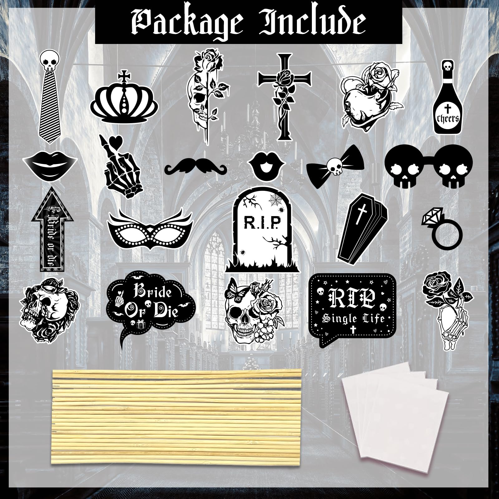 22 Pcs Bride or Die Photo Booth Props Kit - Gothic Bachelorette Decorations for Women Girls, RIP Single Life Selfie Props for Bridal Shower Halloween Till Death Do Us Party Supplies(Black + White)