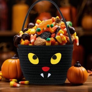 Teenyyou Halloween Trick or Treat Basket with Handle Cute Halloween Bucket Cotton Rope Woven Candy Bag Pumpkin Witch Cat Pig Storage Basket for Halloween Party Favor(3 Packs,Mixed Style)