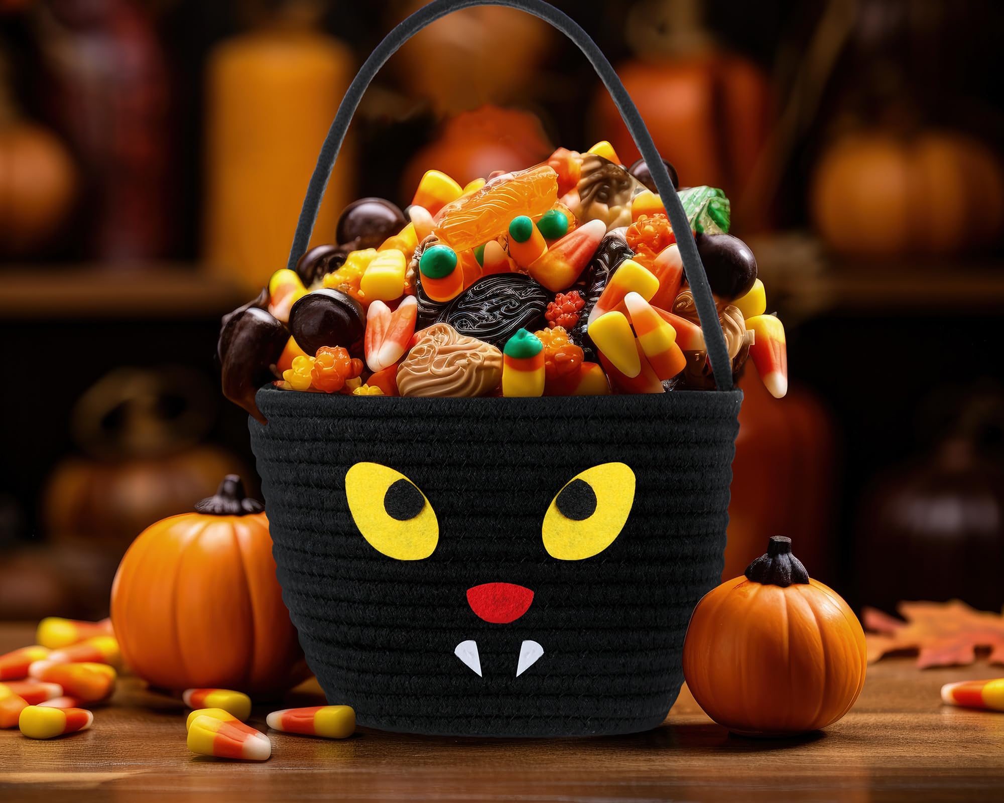 Teenyyou Halloween Trick or Treat Basket with Handle Cute Halloween Bucket Cotton Rope Woven Candy Bag Pumpkin Witch Cat Pig Storage Basket for Halloween Party Favor(3 Packs,Mixed Style)