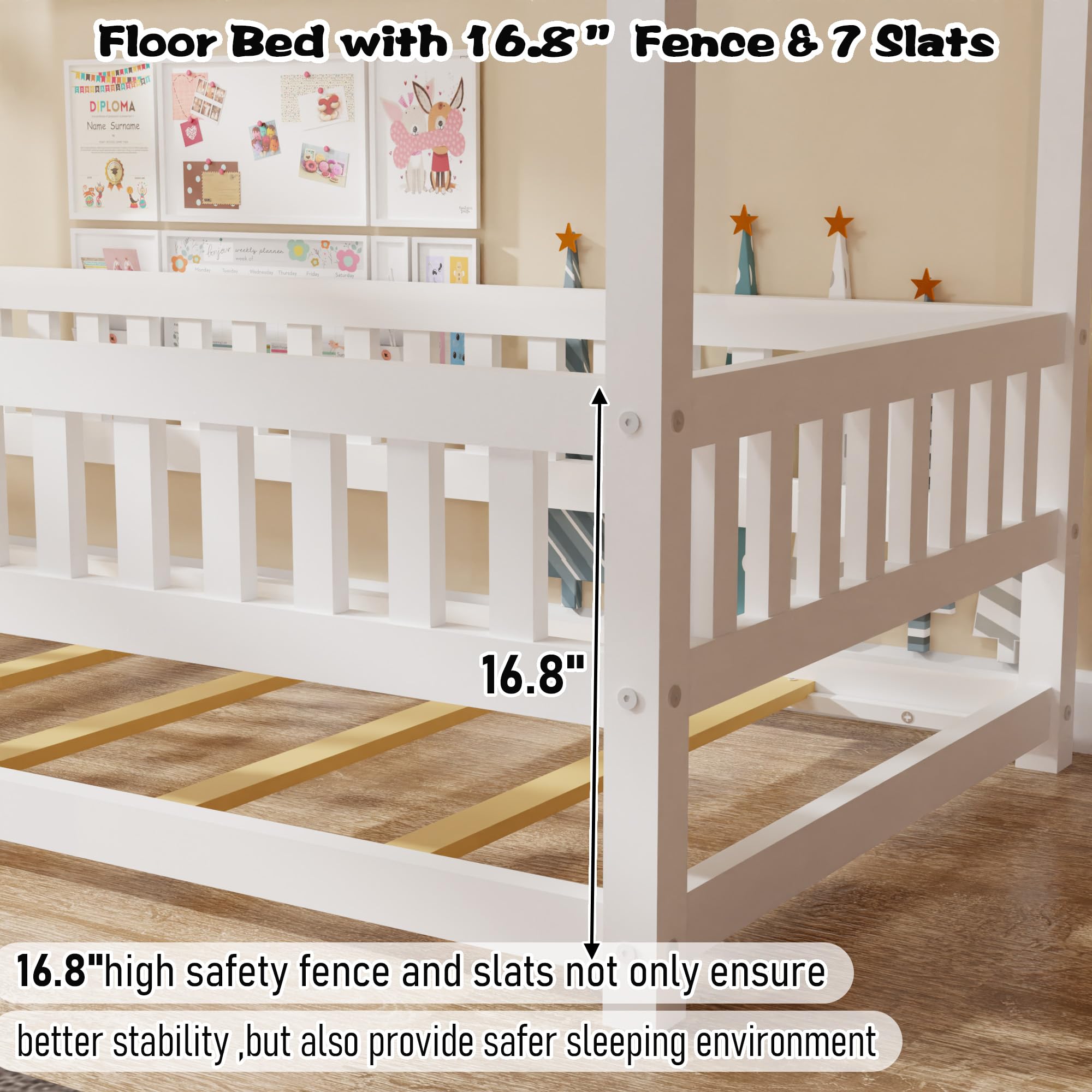 iRoll House Floor Bed Twin Size, Wood Montessori Floor Bed with High Fence & Slats Multifunctional House Bed Montessori Bed for Boys & Girls, No Box Spring Needed, Easy Assembly, White