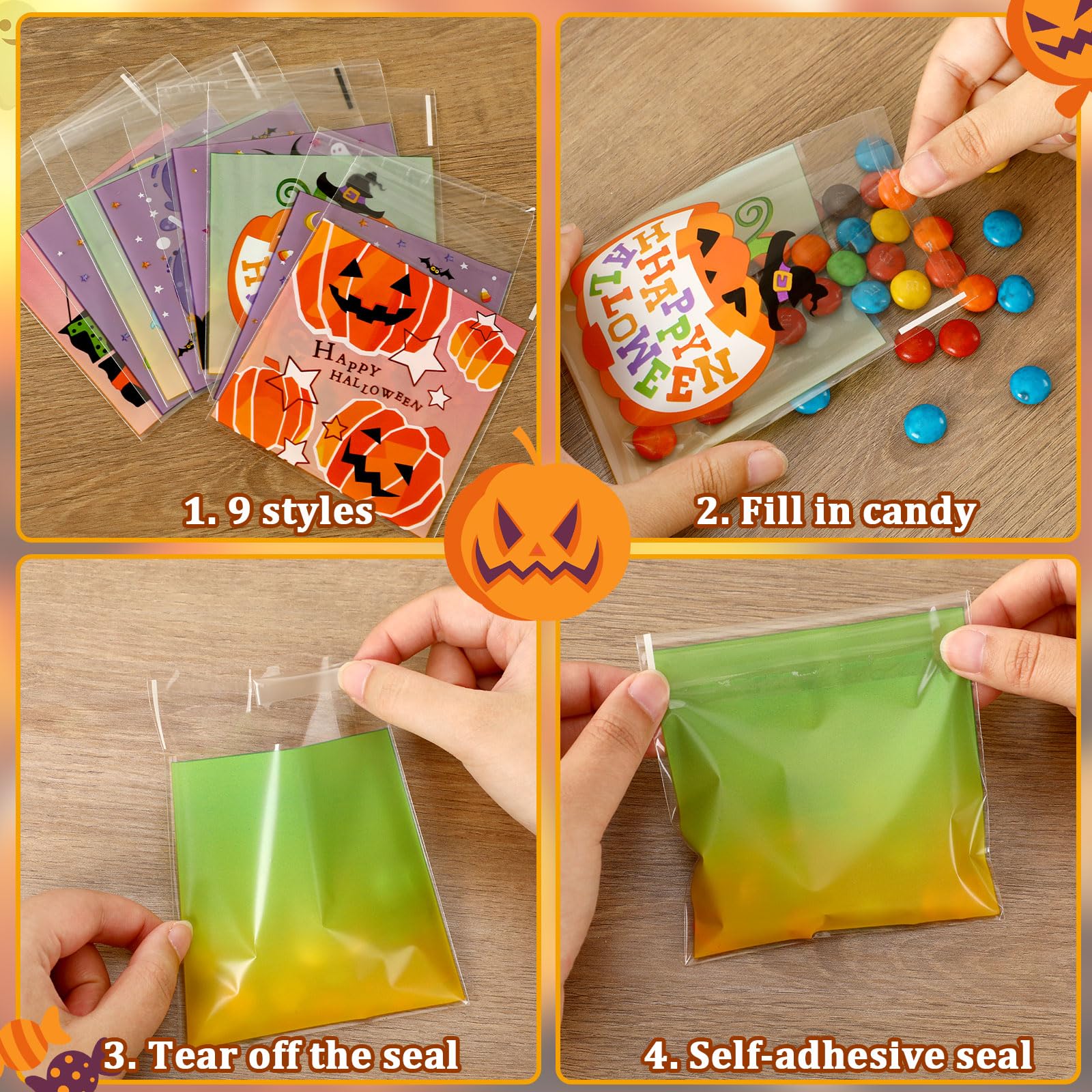 FEBSNOW 450pcs Halloween Candy Bags, 9 Styles Self Adhesive Trick Candy Bag Cellophane Cookie Bags for Halloween Trick or Treat Goodie Ziplock Bags Party Favor