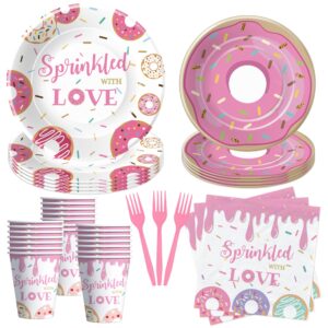 suhelkit donut baby sprinkle decorations tableware girl - sprinkled with love baby shower decorations party supplies, paper plate, napkin, cup, fork, pink donut baby shower decorations | 24 guests