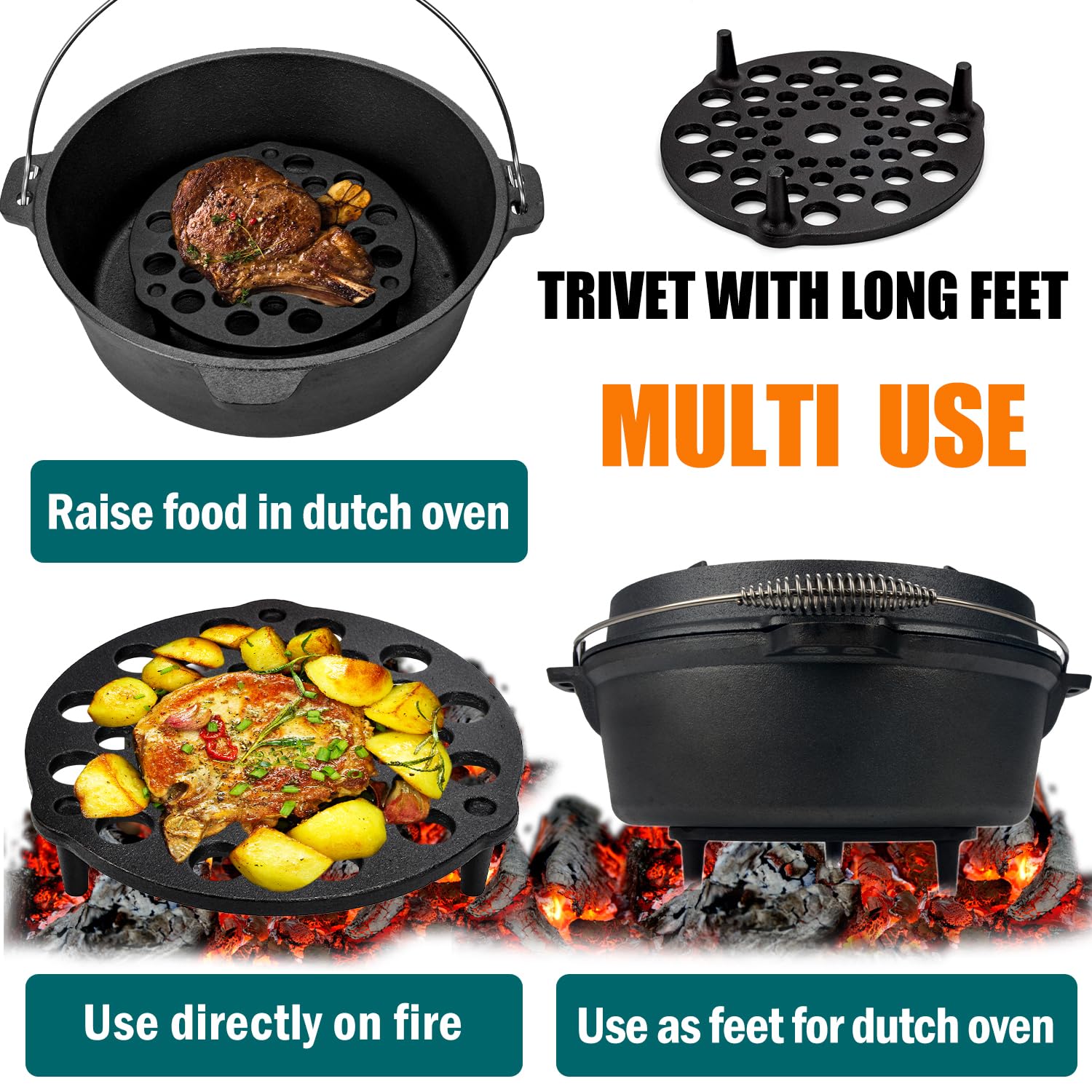 IPROUDER Cast Iron Trivet 2 PCS Set, 8-inch, Meat Rack, Cast Iron Grate for Dutch Ovens, Raise Food in Dutch Oven, Used as Burner Diffuser, Use Directly on Camp Fire, Used as Trivet on Table