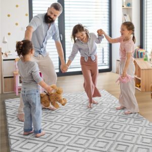 ST. BRIDGE Soft Grey Rugs for Bedroom 4x5.3 Feet, Geometric Memory Foam Rugs for Living Room, Fluffy Checkered Shaggy Area Rug for Girls Kids Dorm Room, Non-Slip Washable Modern Indoor Carpet