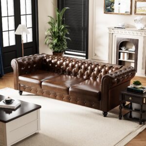 DOOSOODAA Chesterfield PU Leather Couch 3 Seater Sofa, 89" Modern Luxurious Large Button-Tufted Sofa Couch, Home Upholstered Sofa Deep Seat Couch for Living Room Furniture Brown